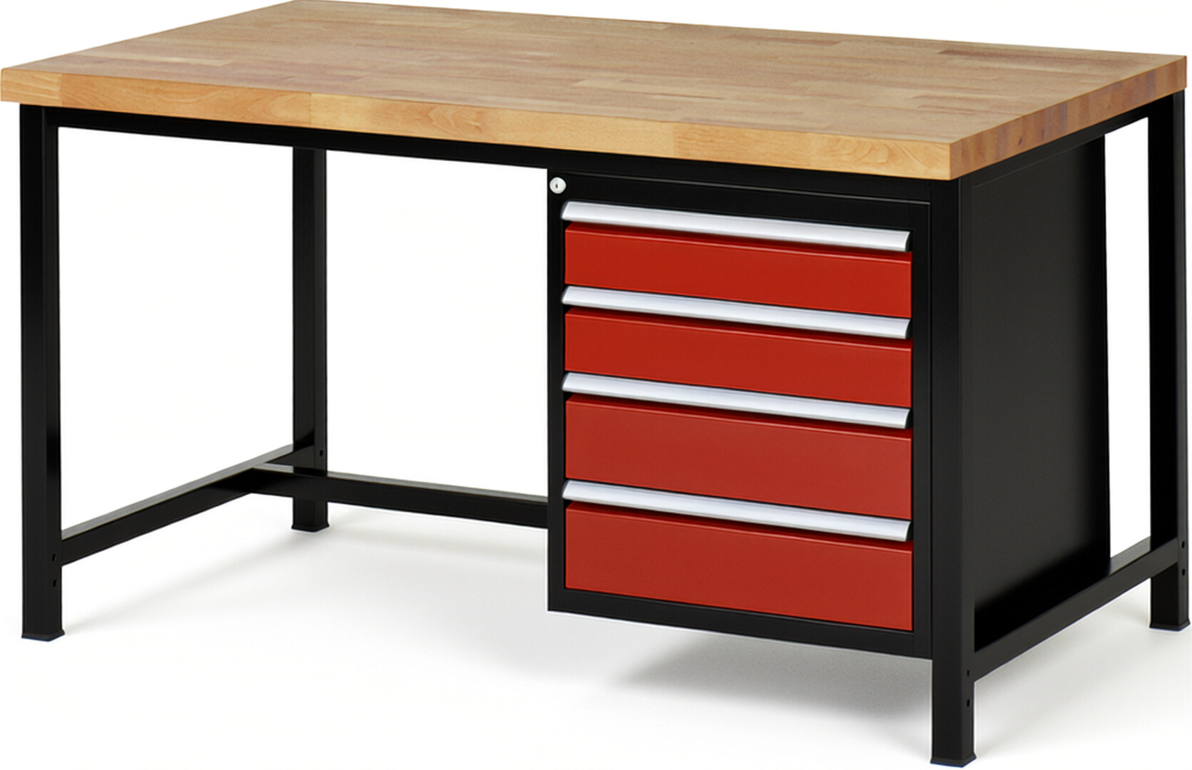 RAU Werkbank schwarz - rot - Breite 150 cm - Tiefe 90 cm - Höhe 84 cm - Buche-Massiv Arbeitsplatte 40 mm