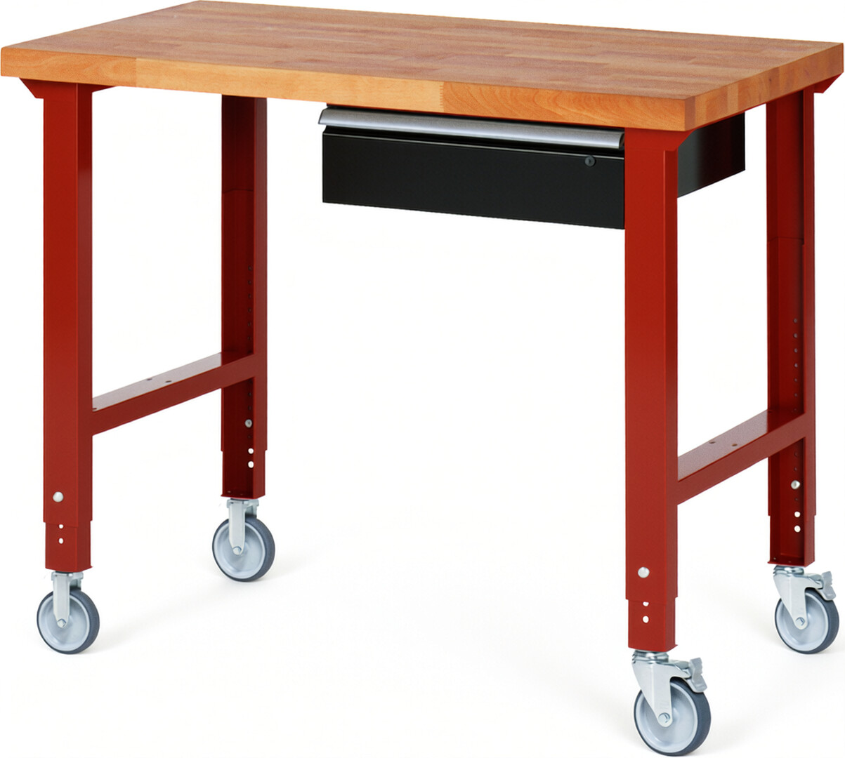 Fahrbare Werkbank Modell 7001 rot - schwarz, BxTxH 1250x700x950-1000 mm,  Buche-Massiv Arbeitsplatte 40 mm,  1 Schublade mit  Auszug 90 %