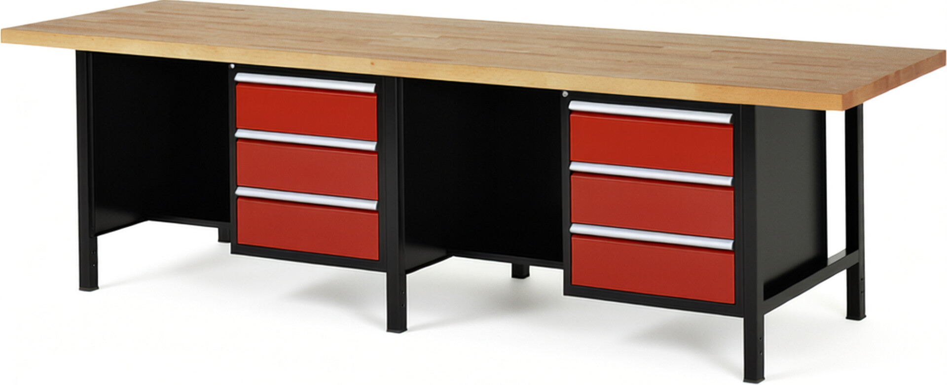 RAU Werkbank schwarz - rot - Breite 300 cm - Tiefe 90 cm - Höhe 104 cm - Buche-Massiv Arbeitsplatte 40 mm