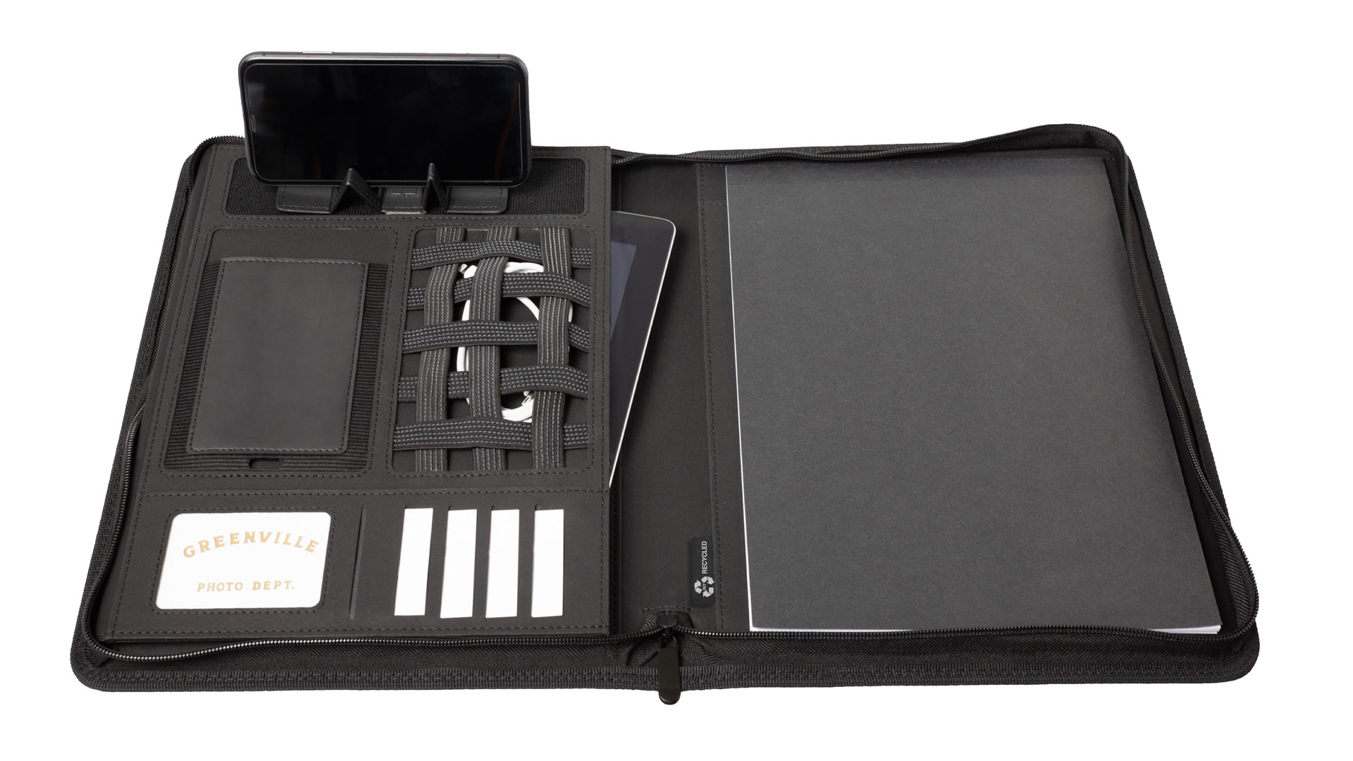 Reißverschlußmappe RPET, BxTxH 265x40x335 mm, 1 Tabletfach, 1Tabletaufsteller, Visitenkartenfächer, schwarz