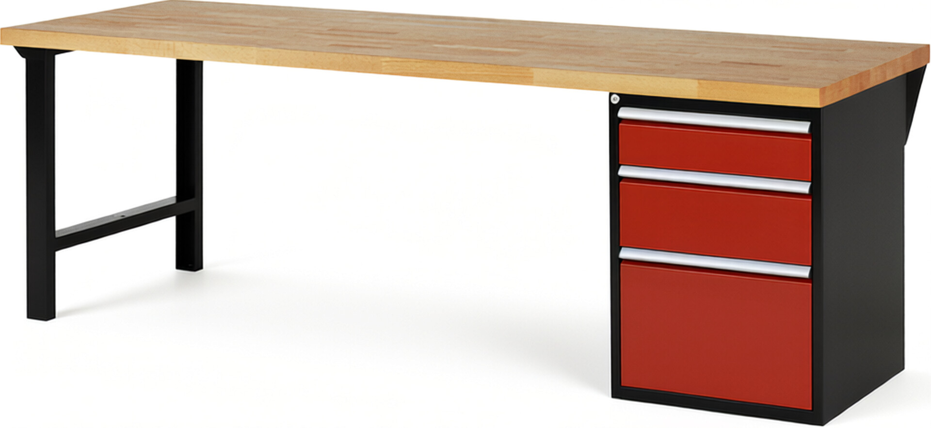 RAU Werkbank schwarz - rot - Breite 250 cm - Tiefe 90 cm - Höhe 84 cm - Buche-Massiv Arbeitsplatte 40 mm