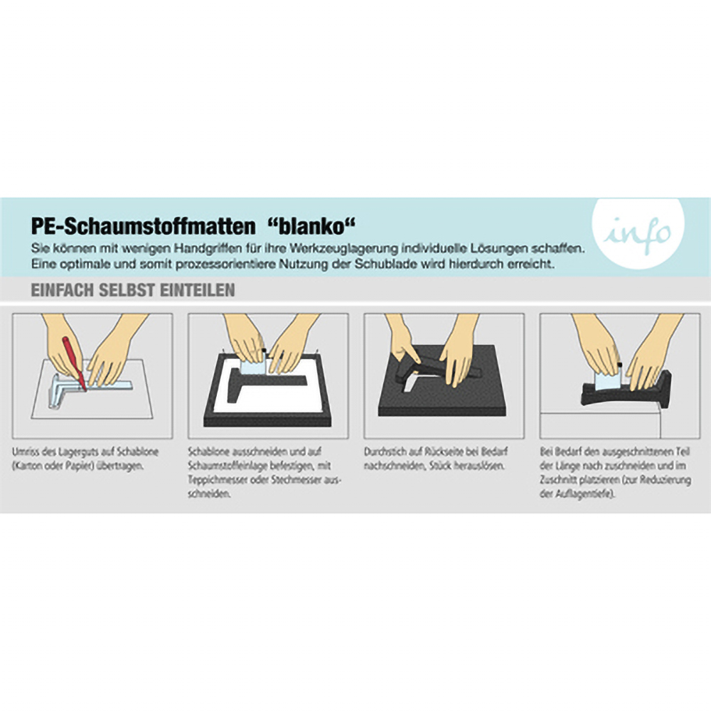 Schubladeneinsatz, Schaumstoffeinlagen PE, blanko,36x36EB600 mm, T600 mm, S25