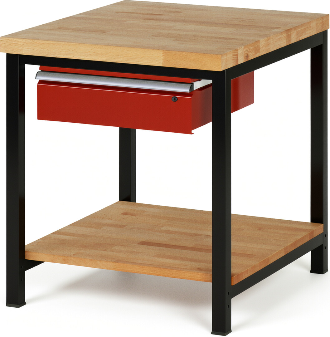 RAU Werkbank schwarz - rot - Breite 75 cm - Tiefe 90 cm - Höhe 104 cm - Buche-Massiv Arbeitsplatte 40 mm