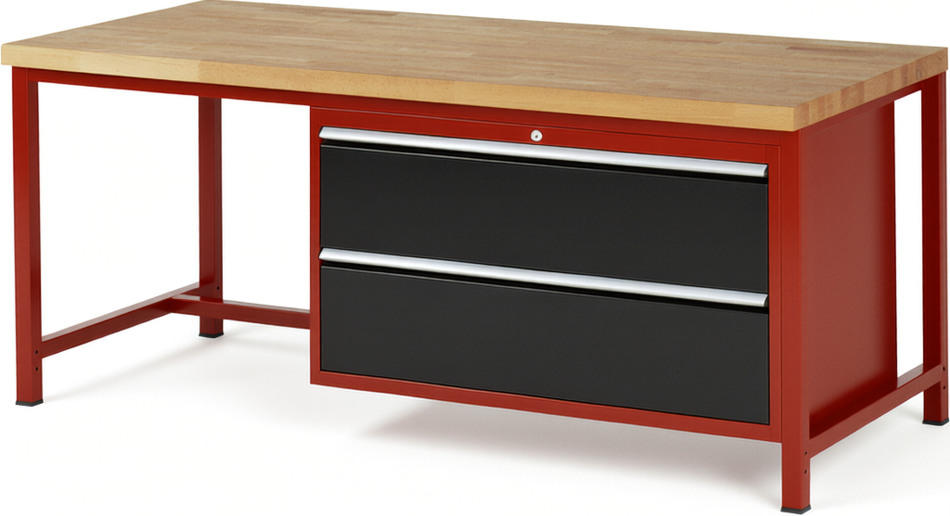 Werkbank Modell 8355 rot - schwarz, BxTxH 2000x900x840-1040 mm,  Buche-Massiv Arbeitsplatte 40 mm,  2 Schubladen mit  Vollauszug 100 % und  SoftClosing