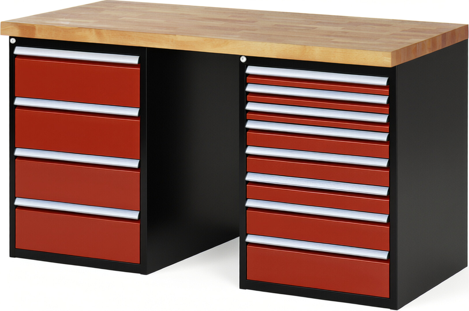 RAU Werkbank schwarz - rot - Breite 150 cm - Tiefe 70 cm - Höhe 89 cm - Buche-Massiv Arbeitsplatte 40 mm