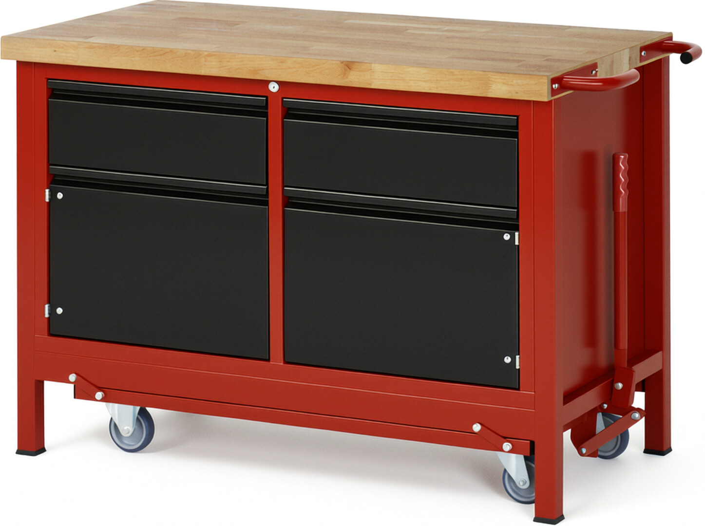 Absenkbare Werkbank - Modell 8466 BASIC rot - schwarz, BxTxH 1250x700x880 mm,  Buche-Massiv Arbeitsplatte 40 mm,  2 Schubladen mit  Auszug 90 %