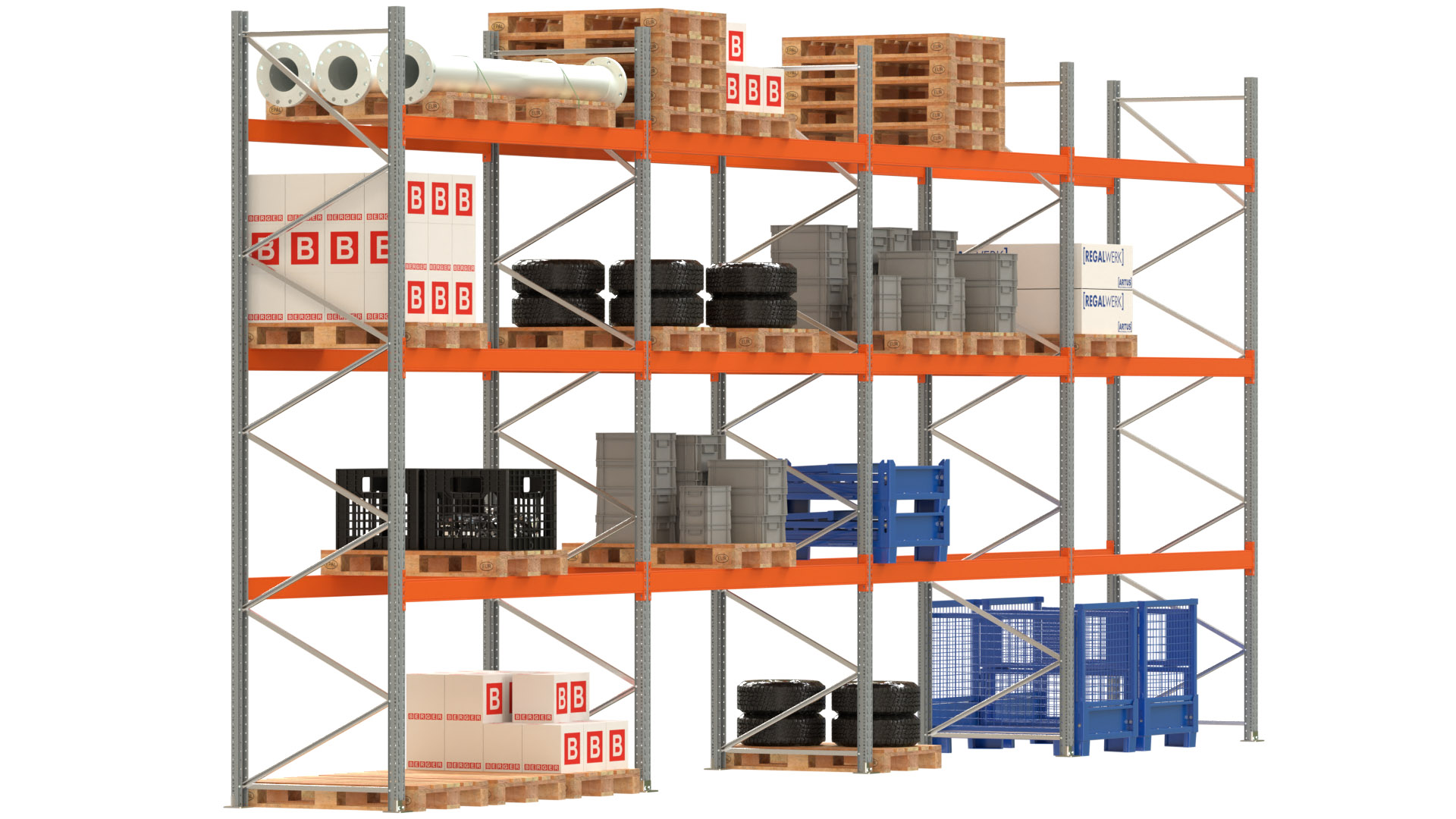 Palettenregal ARTUS - Breite 1122,5 cm - Höhe 450 cm - Tiefe 110 cm - 3 Träger-Ebenen - Fachlast 3000 kg - 48 Palettenstellplätze