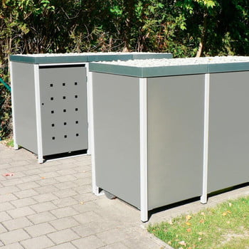 Mülltonnenverkleidung mit Pflanzdach - für 1 Tonne - 3/5 Stanzung - 1.215 x 680 x 830 mm (HxBxT) - Korpus weißaluminium - Pfosten Signalgrau