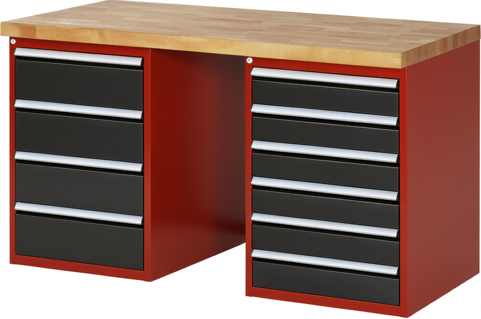 Werkbank Modell 7821 rot - schwarz, BxTxH 1500x700x840 mm,  Buche-Massiv Arbeitsplatte 40 mm,  10 Schubladen mit  Vollauszug 100 % und  SoftClosing