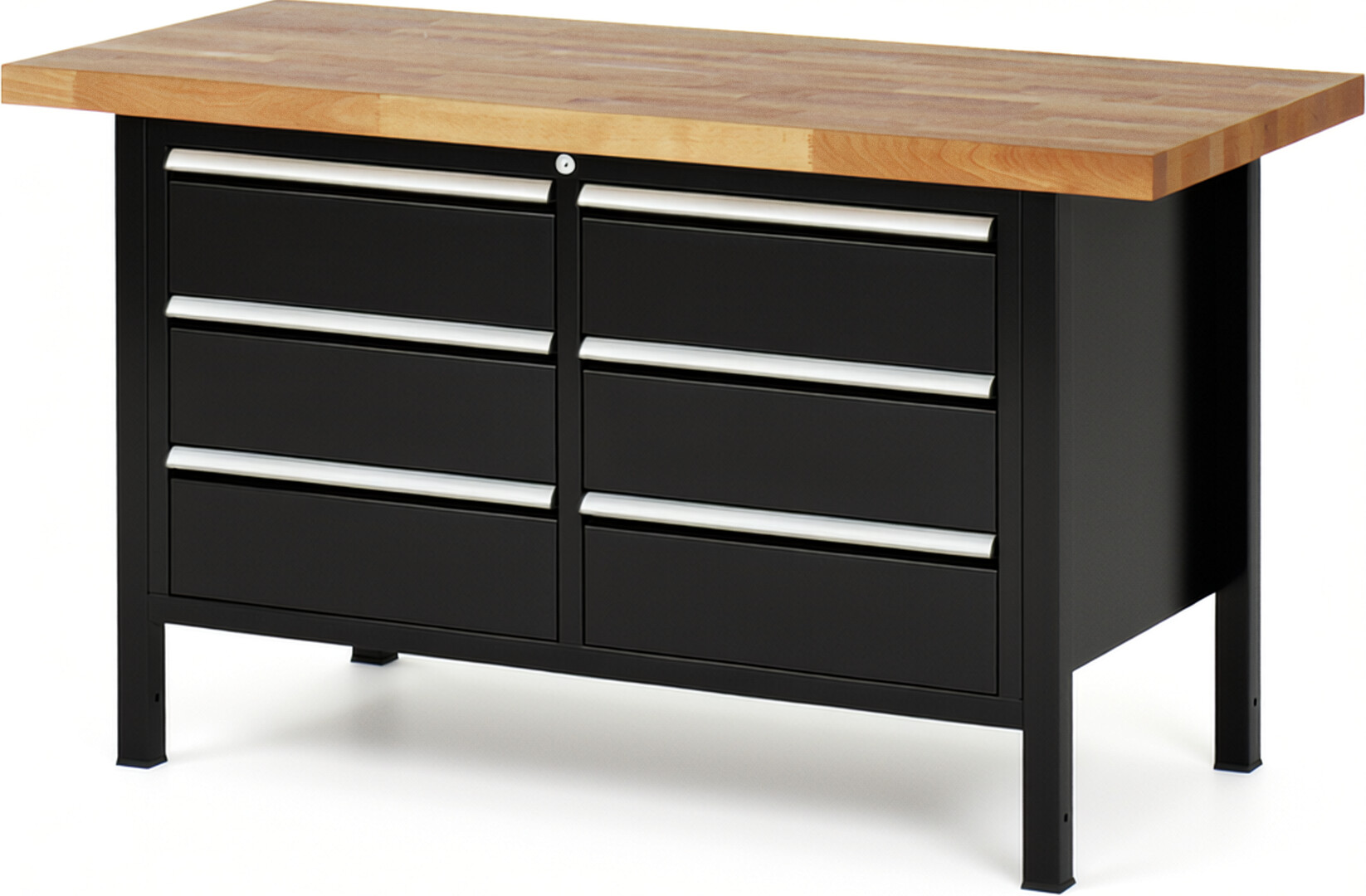 Werkbank Modell 8473 schwarz, BxTxH 1500x700x840-1040 mm,  Buche-Massiv Arbeitsplatte 40 mm,  6 Schubladen mit  Auszug 90 %