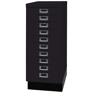 Schubladenschrank aus Stahl, BxTxH 279x380x670 mm, 10 Schubladen 51 mm, DIN A4, Sockel 80 mm hoch, schwarz