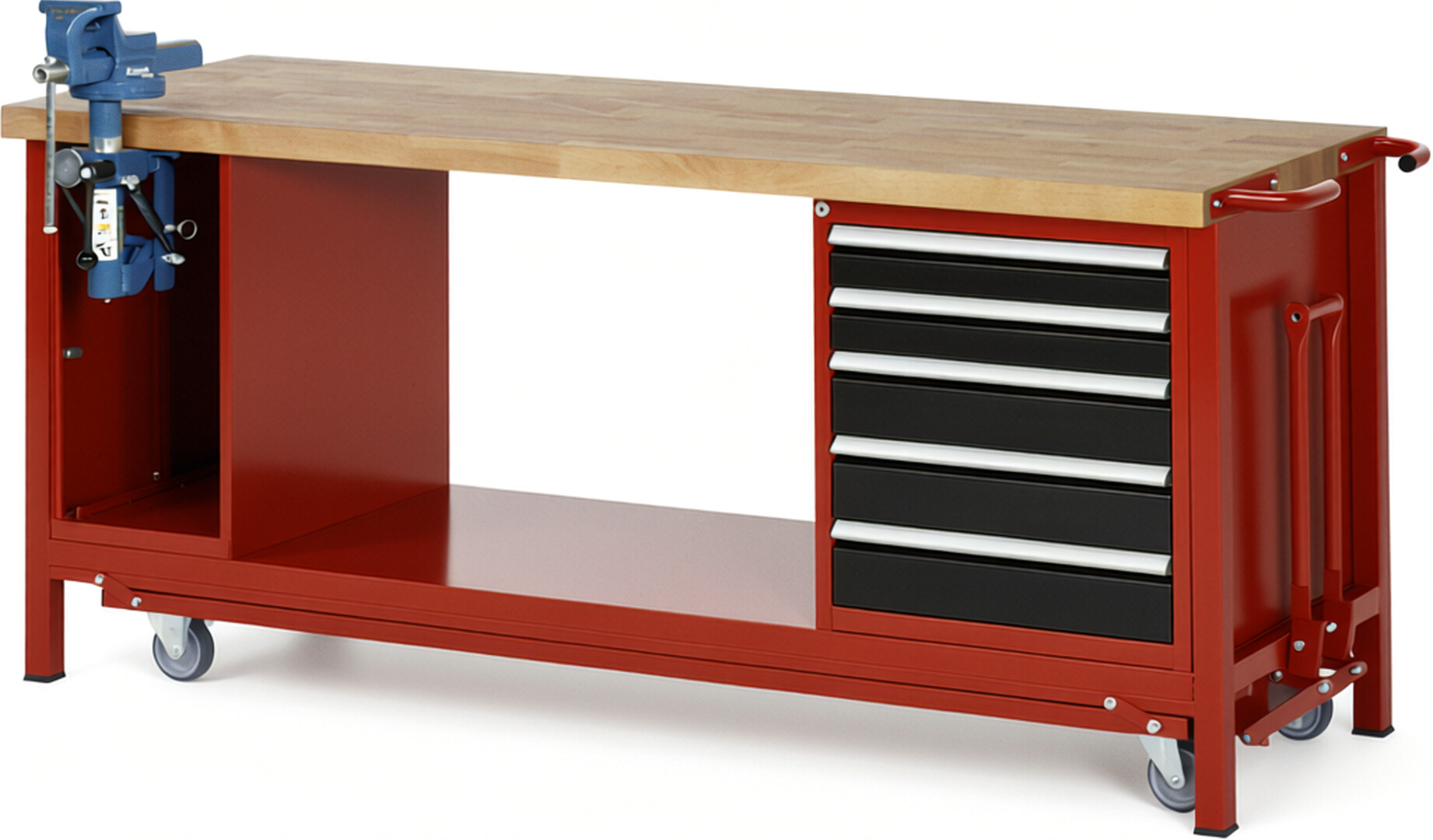 Absenkbare Werkbank Modell 8187 rot - schwarz, BxTxH 2000x700x880 mm,  Buche-Massiv Arbeitsplatte 40 mm,  5 Schubladen mit  Auszug 90 %