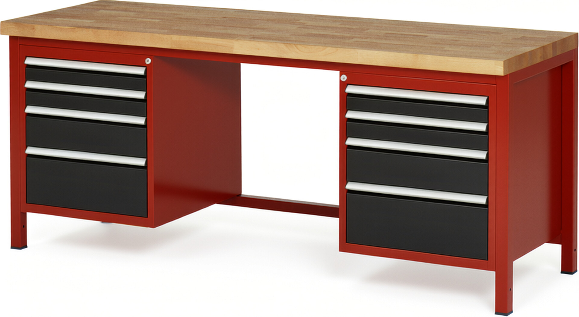 RAU Werkbank rot - schwarz - Breite 200 cm - Tiefe 70 cm - Höhe 104 cm - Buche-Massiv Arbeitsplatte 40 mm