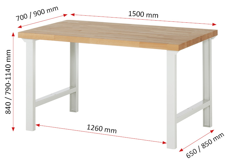 Werkbank Modell 7000,  BxTxH 1500x900x790-1140 mm,  Buche-Massiv Arbeitsplatte 40 mm