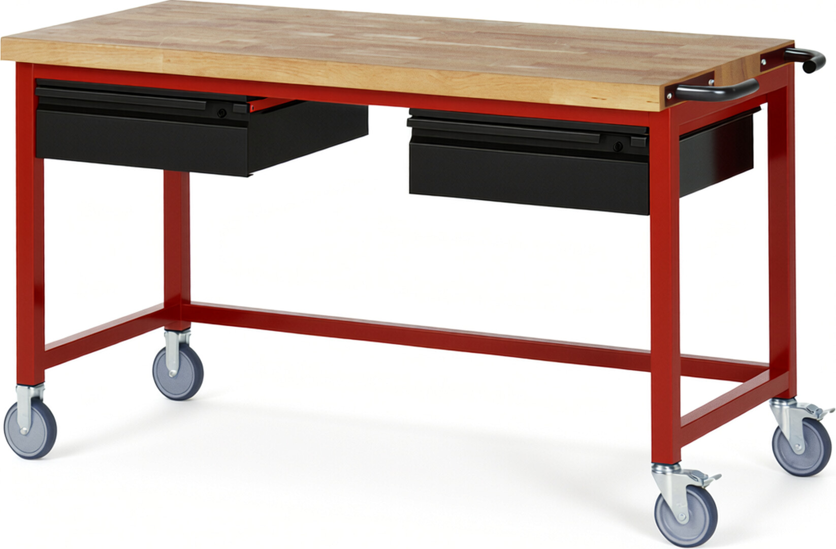Fahrbare Werkbank - Modell 8002 BASIC rot - schwarz, BxTxH 1500x700x880 mm,  Buche-Massiv Arbeitsplatte 40 mm,  2 Schubladen mit  Auszug 90 %