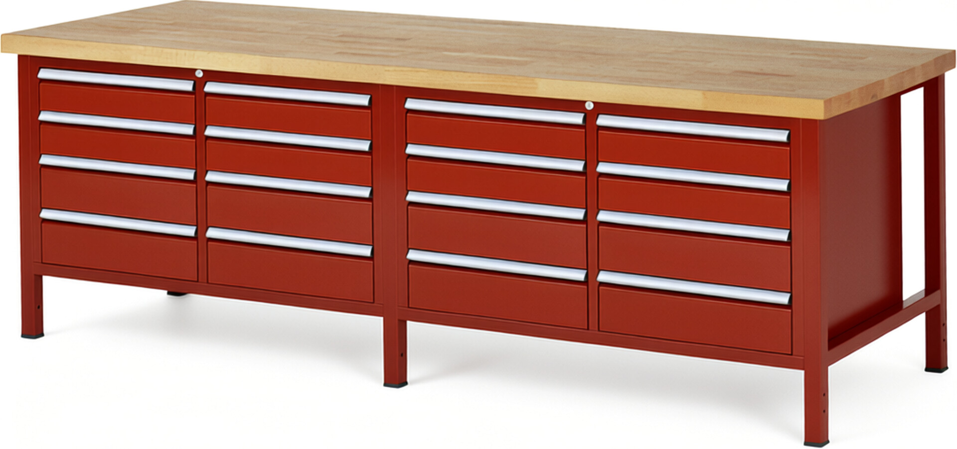Werkbank Modell 8477 rot, BxTxH 2500x900x840-1040 mm,  Buche-Massiv Arbeitsplatte 40 mm,  16 Schubladen mit  Auszug 90 %