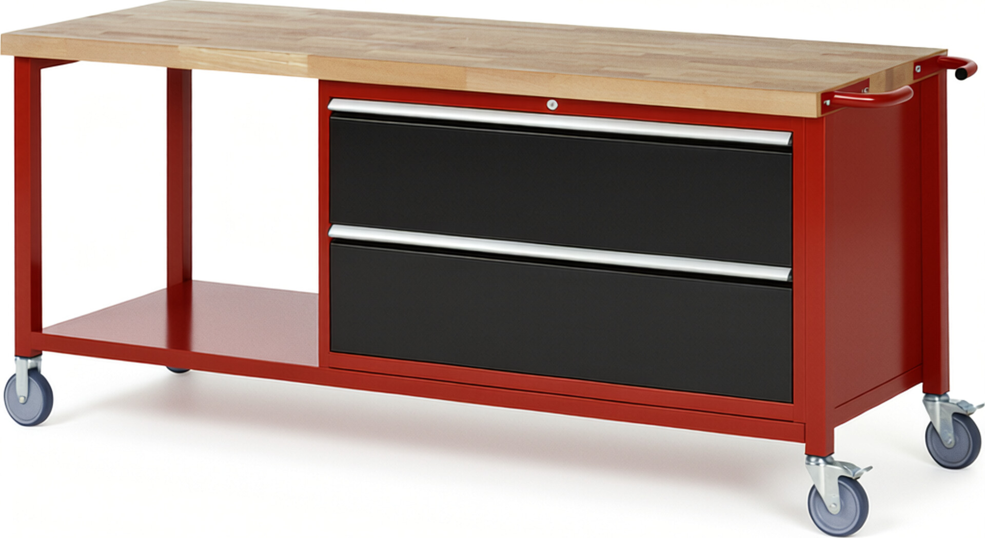 Fahrbare Werkbank Modell 8355 rot - schwarz, BxTxH 2000x700x880-1080 mm,  Buche-Massiv Arbeitsplatte 40 mm,  2 Schubladen mit  Auszug 90 %