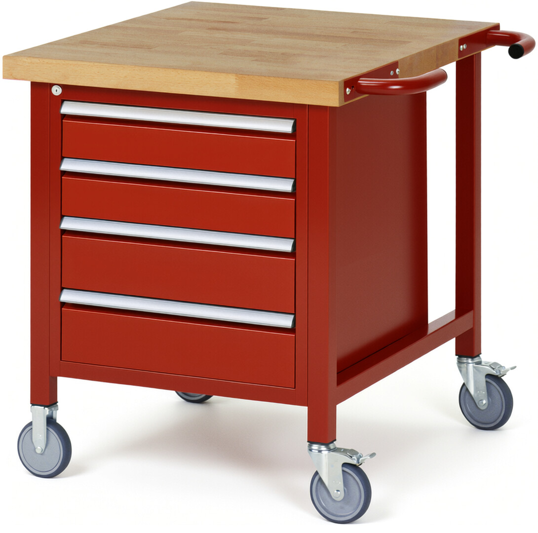 Fahrbare Werkbank Modell 8162 rot, BxTxH 750x900x880 mm,  Buche-Massiv Arbeitsplatte 40 mm,  4 Schubladen mit  Vollauszug 100 % und  SoftClosing