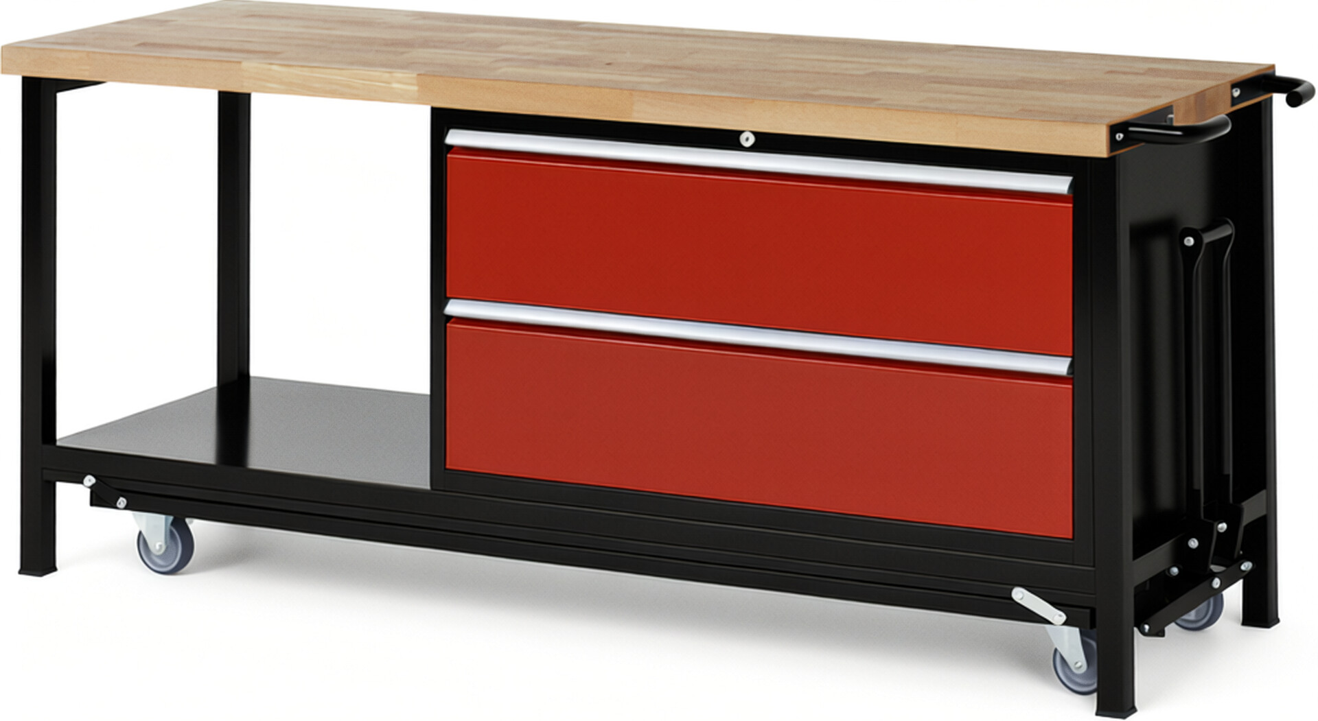 RAU Werkbank schwarz - rot - Breite 200 cm - Tiefe 70 cm - Höhe 88 cm - Buche-Massiv Arbeitsplatte 40 mm