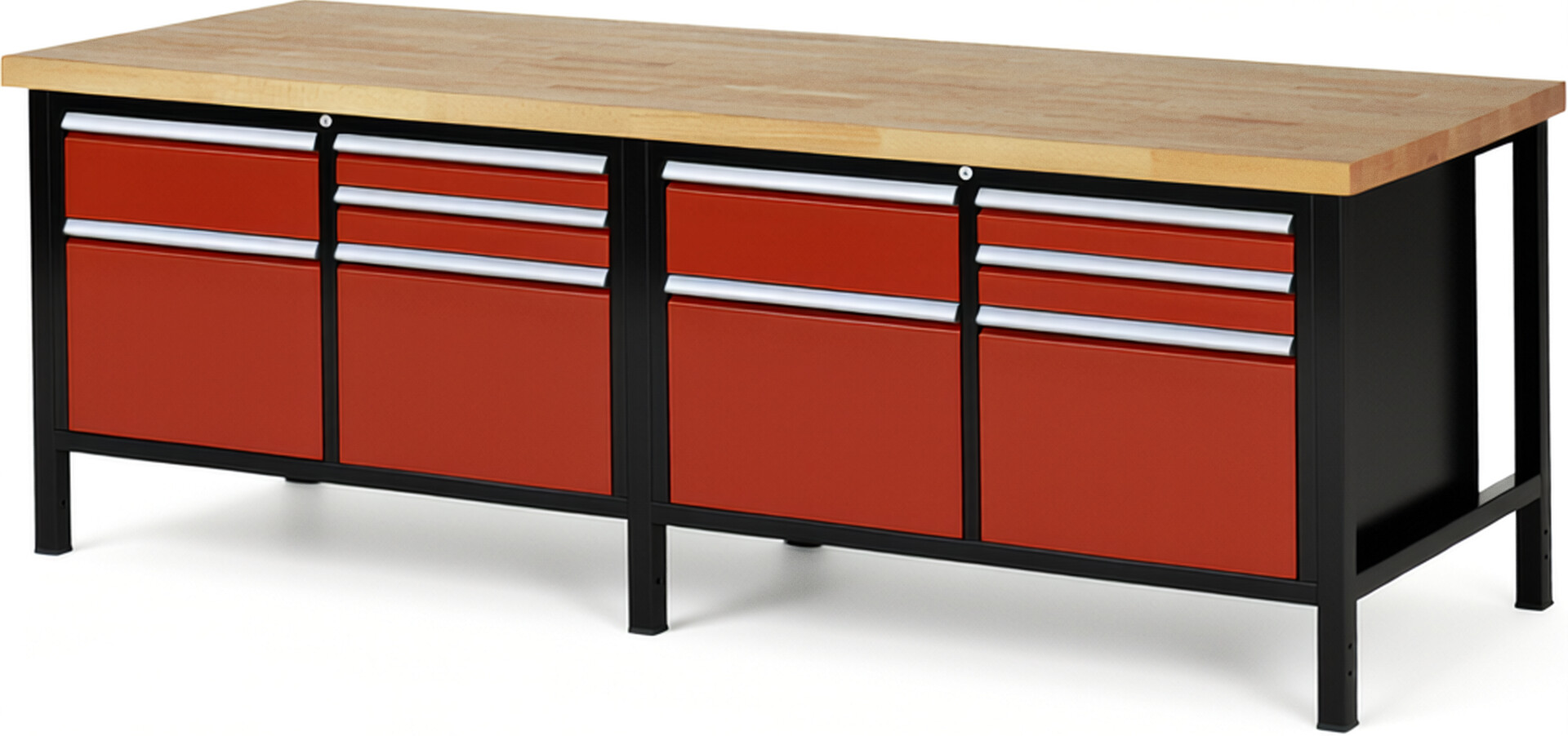 RAU Werkbank schwarz - rot - Breite 250 cm - Tiefe 90 cm - Höhe 104 cm - Buche-Massiv Arbeitsplatte 40 mm