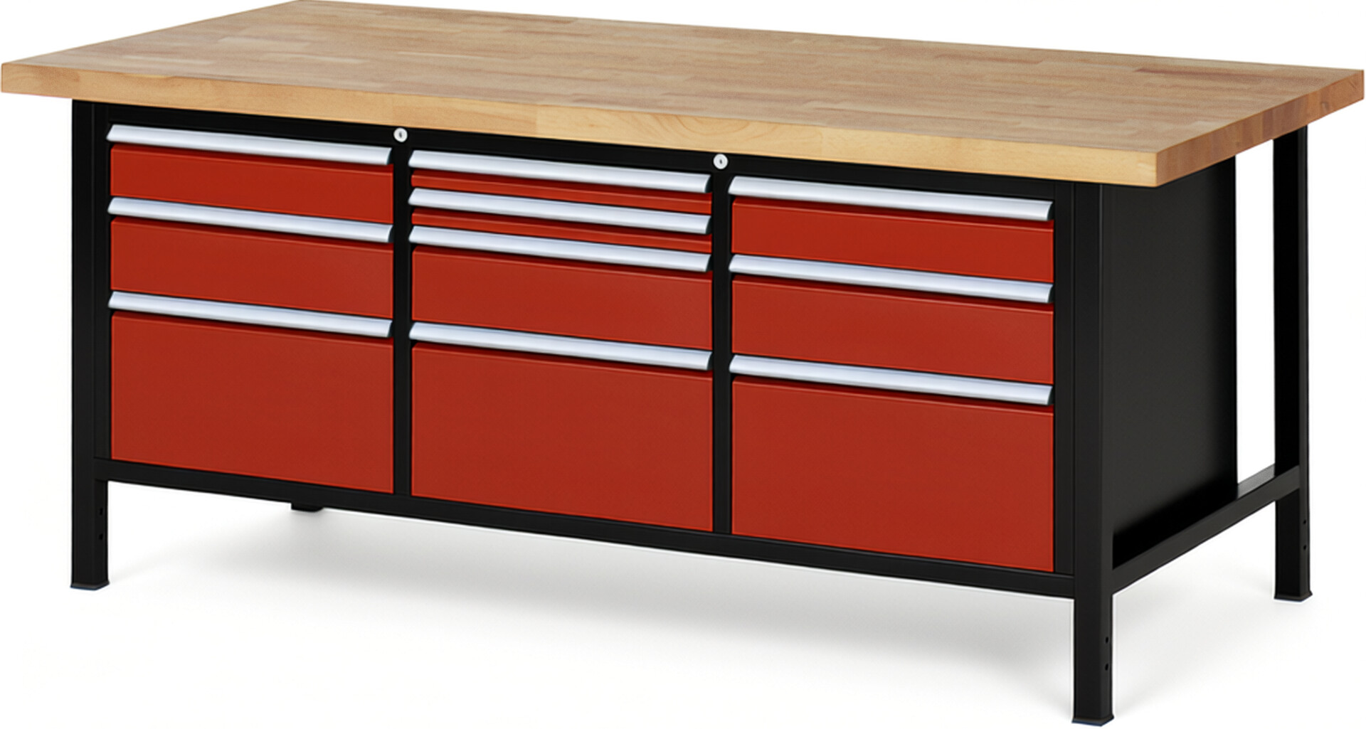 RAU Werkbank schwarz - rot - Breite 200 cm - Tiefe 90 cm - Höhe 104 cm - Buche-Massiv Arbeitsplatte 40 mm