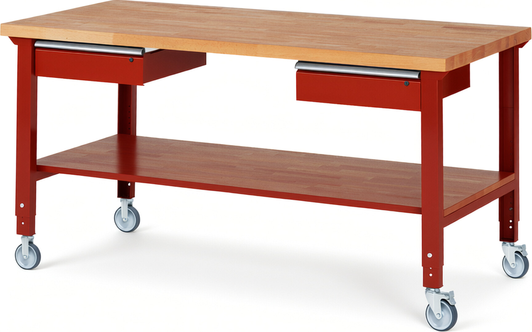 Fahrbare Werkbank Modell 7002 rot, BxTxH 2000x900x950-1000 mm,  Buche-Massiv Arbeitsplatte 40 mm,  2 Schubladen mit  Auszug 90 %