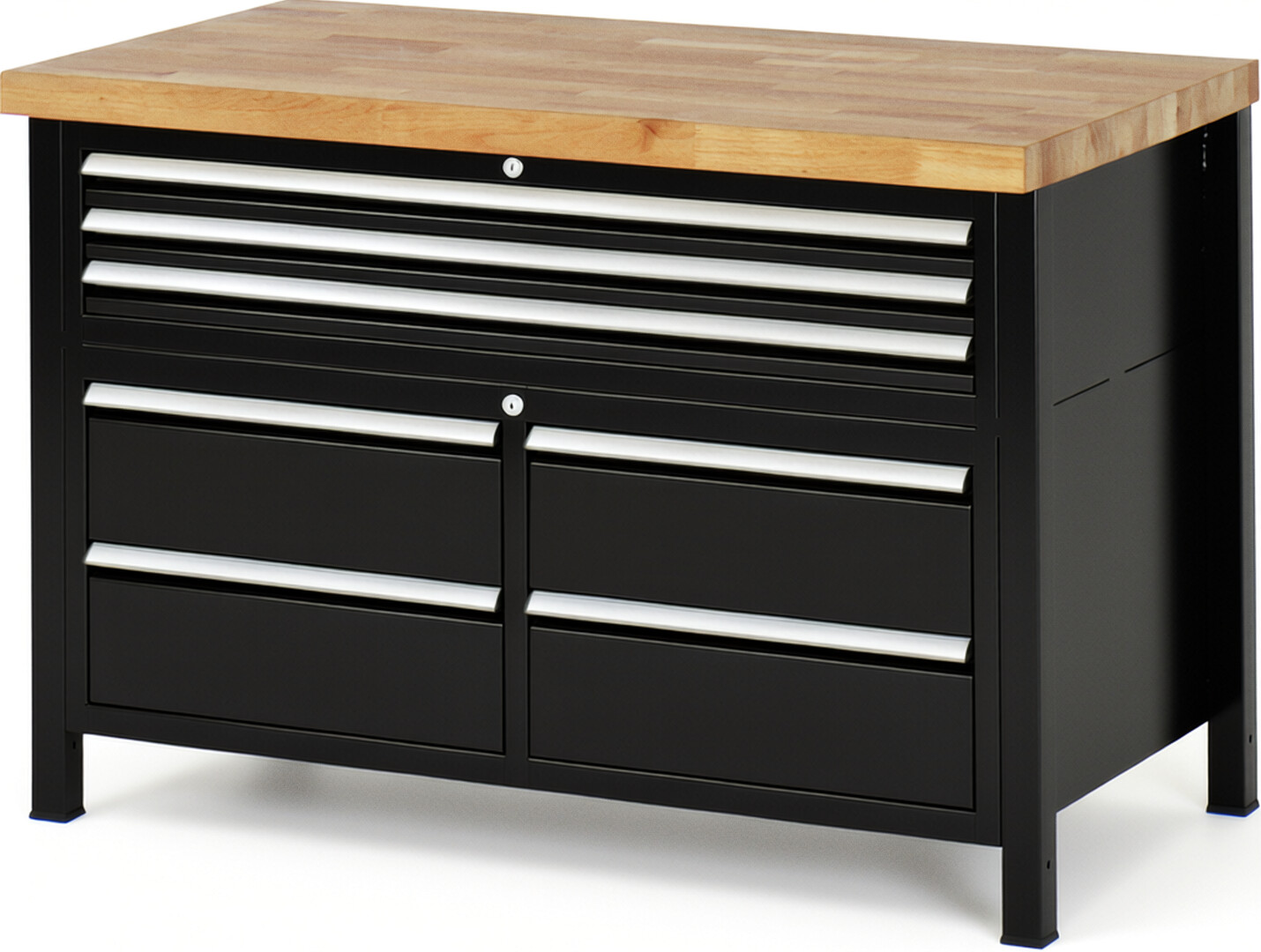 Werkbank Modell 8924 schwarz, BxTxH 1250x700x840 mm,  Buche-Massiv Arbeitsplatte 40 mm,  7 Schubladen mit  Vollauszug 100 % und  SoftClosing
