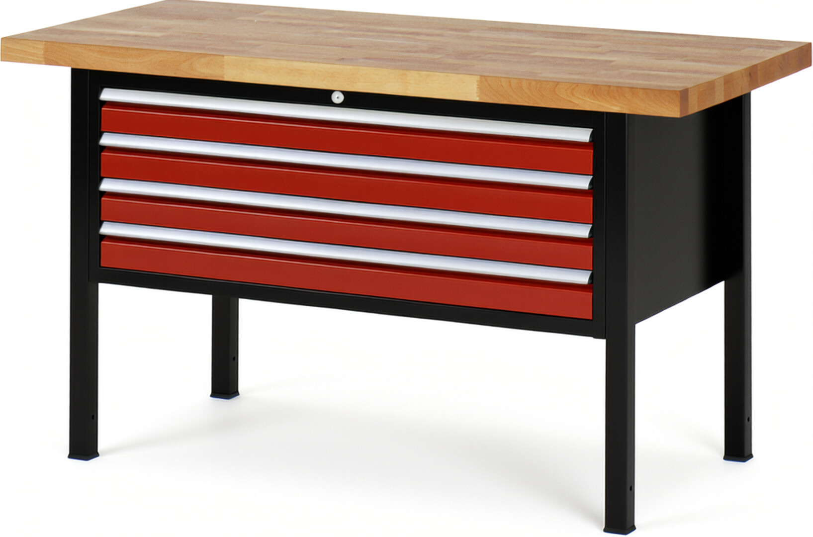 Werkbank Modell 8333 schwarz-rot, BxTxH 1500x700x840-1040 mm,  Buche-Massiv Arbeitsplatte 40 mm,  4 Schubladen mit  Vollauszug 100 % und  SoftClosing