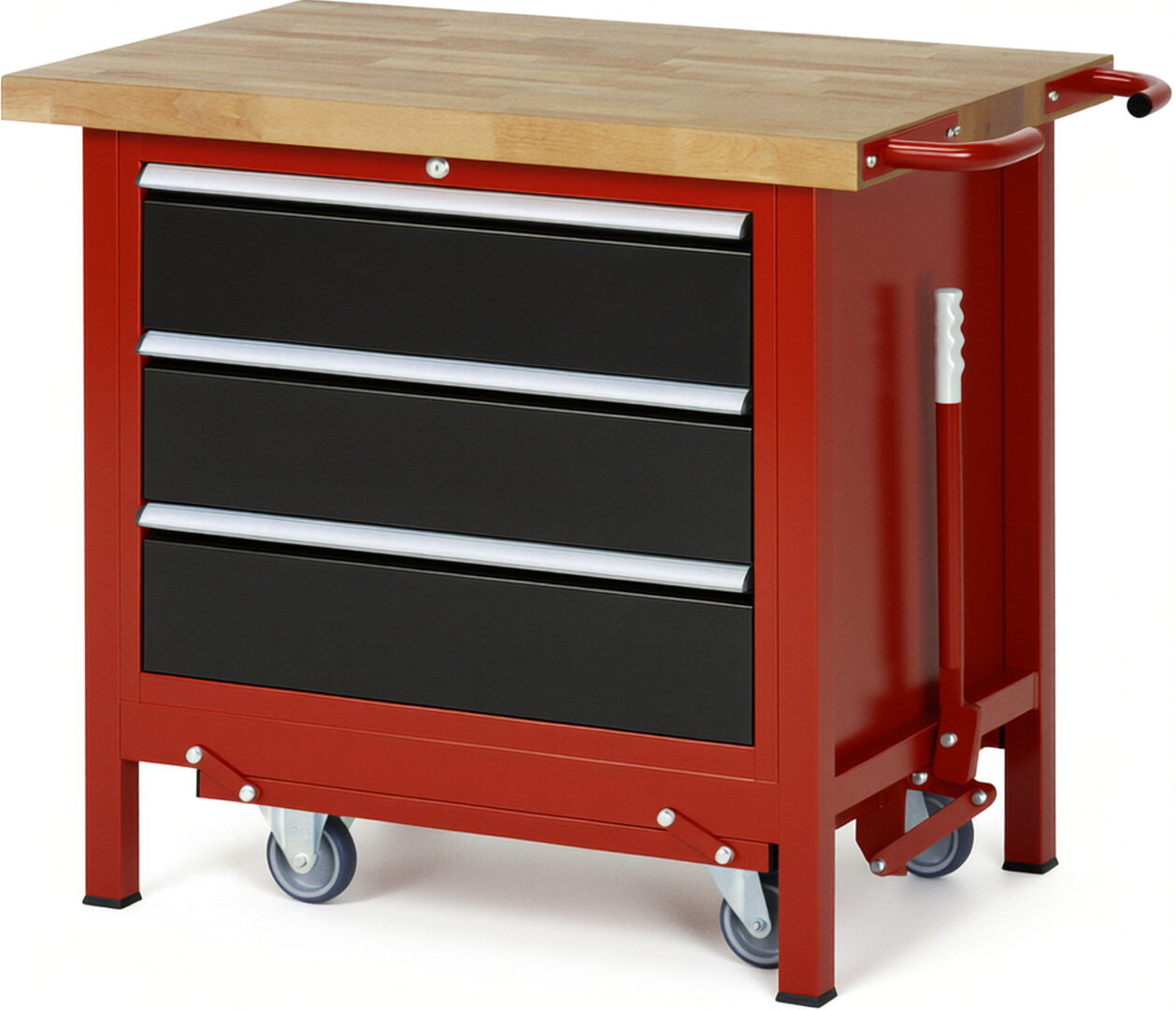 Absenkbare Werkbank Modell 8257 rot - schwarz, BxTxH 1000x700x880 mm,  Buche-Massiv Arbeitsplatte 40 mm,  3 Schubladen mit  Vollauszug 100 % und  SoftClosing