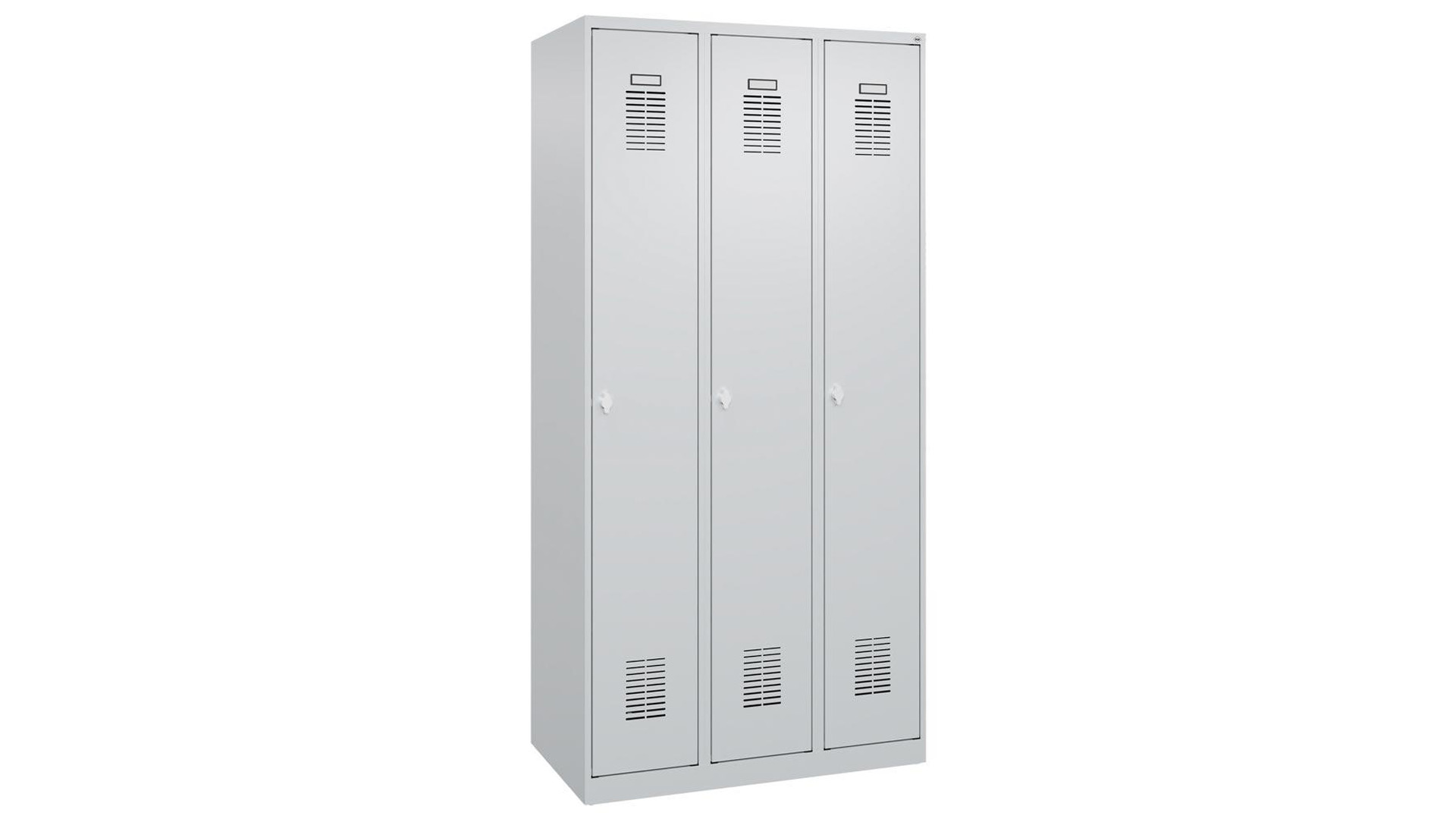 Garderobenschrank, bodenstehend, BxTxH 900x500x1850 mm, 3 Abteile, B 300 mm,Drehriegel RAL 7035