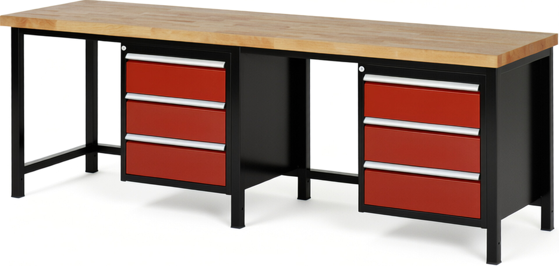 RAU Werkbank schwarz - rot - Breite 250 cm - Tiefe 70 cm - Höhe 104 cm - Buche-Massiv Arbeitsplatte 40 mm