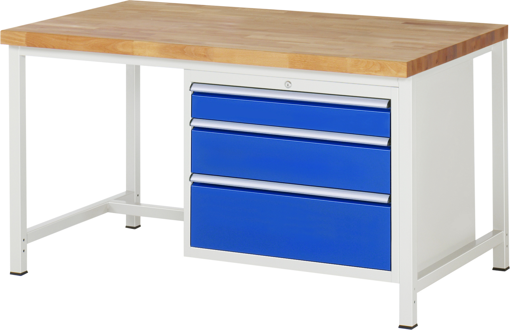 Werkbank Modell 8259,  BxTxH 1500x900x840-1040 mm,  Buche-Massiv Arbeitsplatte 40 mm,  3 Schubladen mit  Auszug 90 %