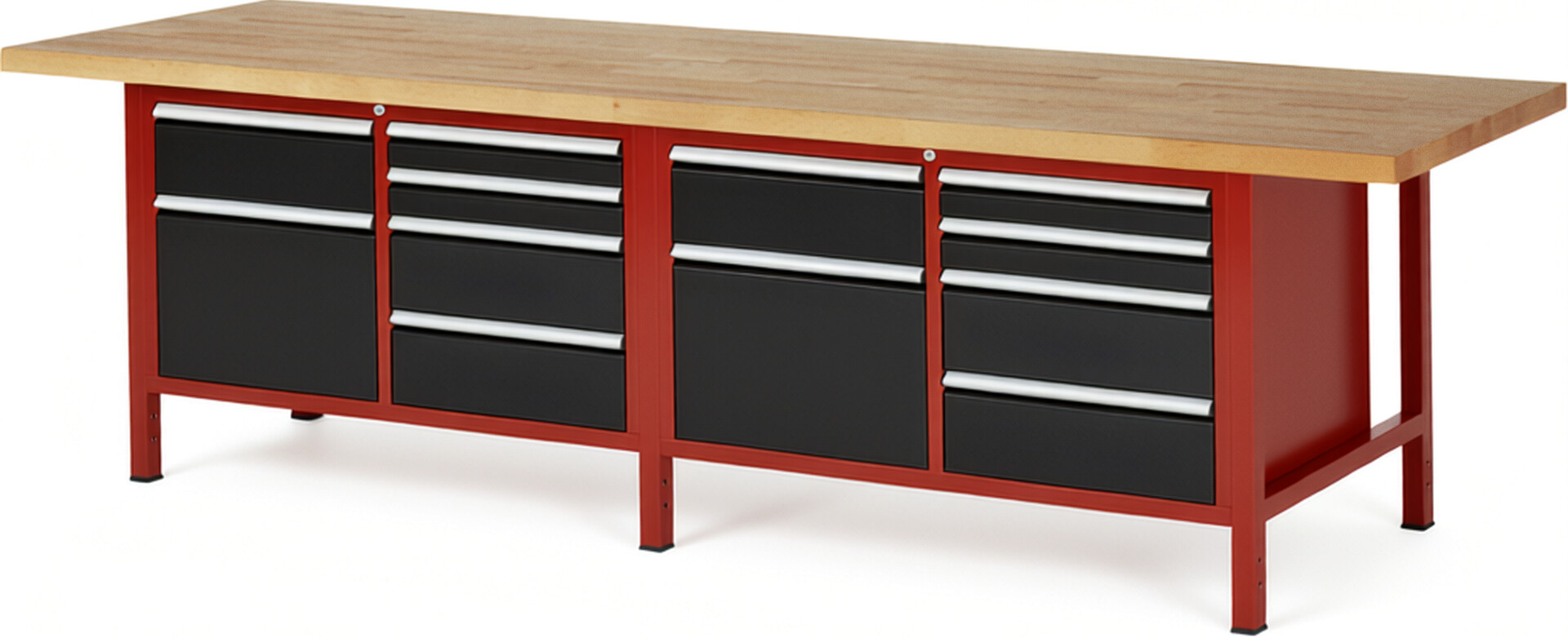 Werkbank Modell 8472 rot - schwarz, BxTxH 3000x900x840 mm,  Buche-Massiv Arbeitsplatte 40 mm,  10 Schubladen mit  Vollauszug 100 % und  SoftClosing