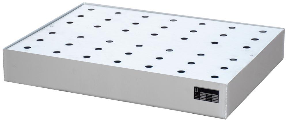 Kleingebindewannen aus Edelstahl für Paletten, BxTxH 600x800x120 mm, Auffangvolumen 40 l, Traglast 100 kg, Gewicht 22 kg, Lochrost