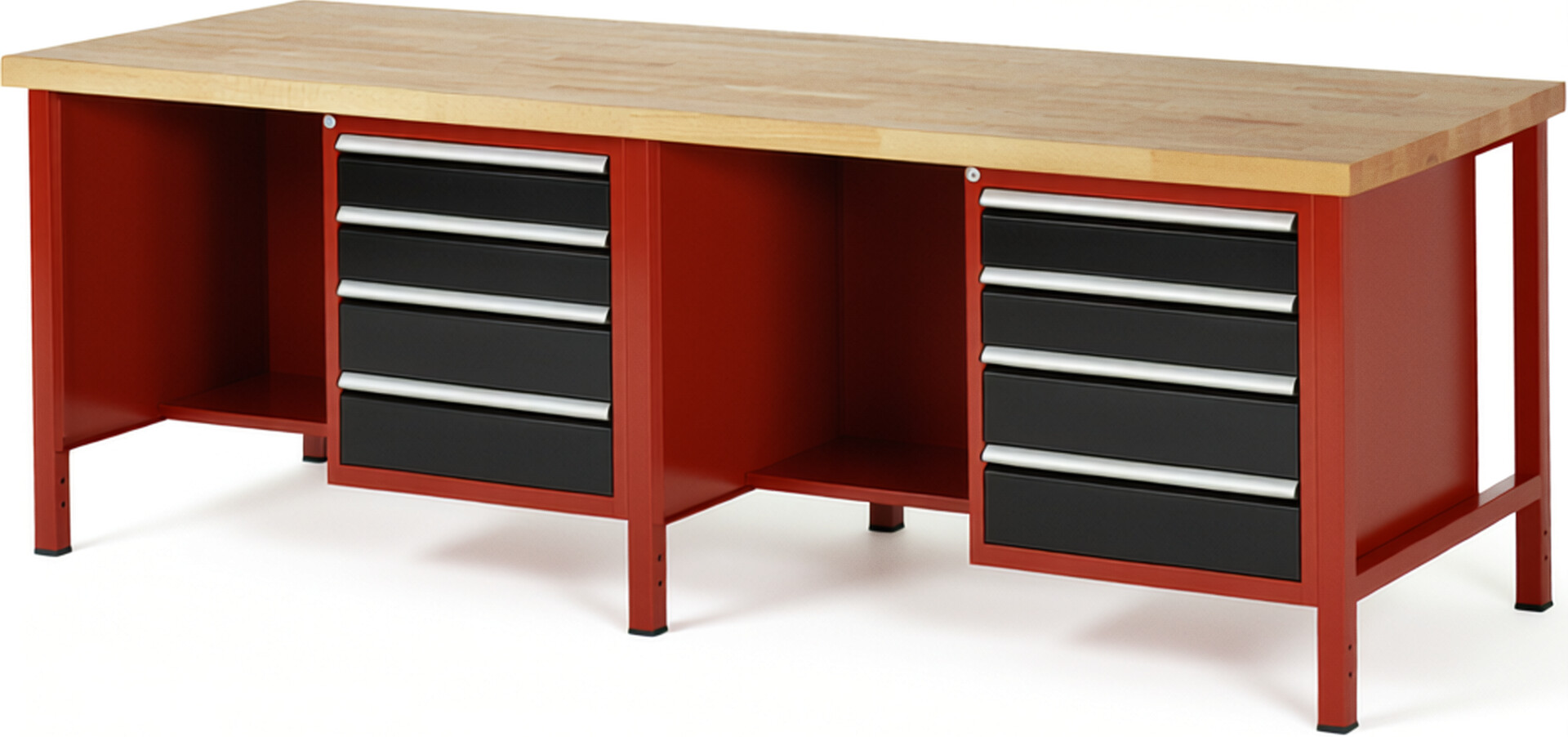 Werkbank Modell 8453 rot - schwarz, BxTxH 2500x900x840-1040 mm,  Buche-Massiv Arbeitsplatte 40 mm,  8 Schubladen mit  Auszug 90 %
