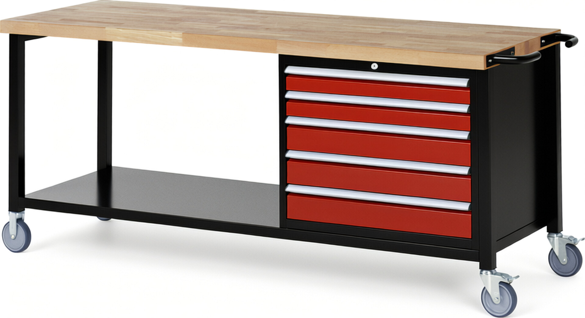 RAU Werkbank schwarz - rot - Breite 200 cm - Tiefe 70 cm - Höhe 108 cm - Buche-Massiv Arbeitsplatte 40 mm