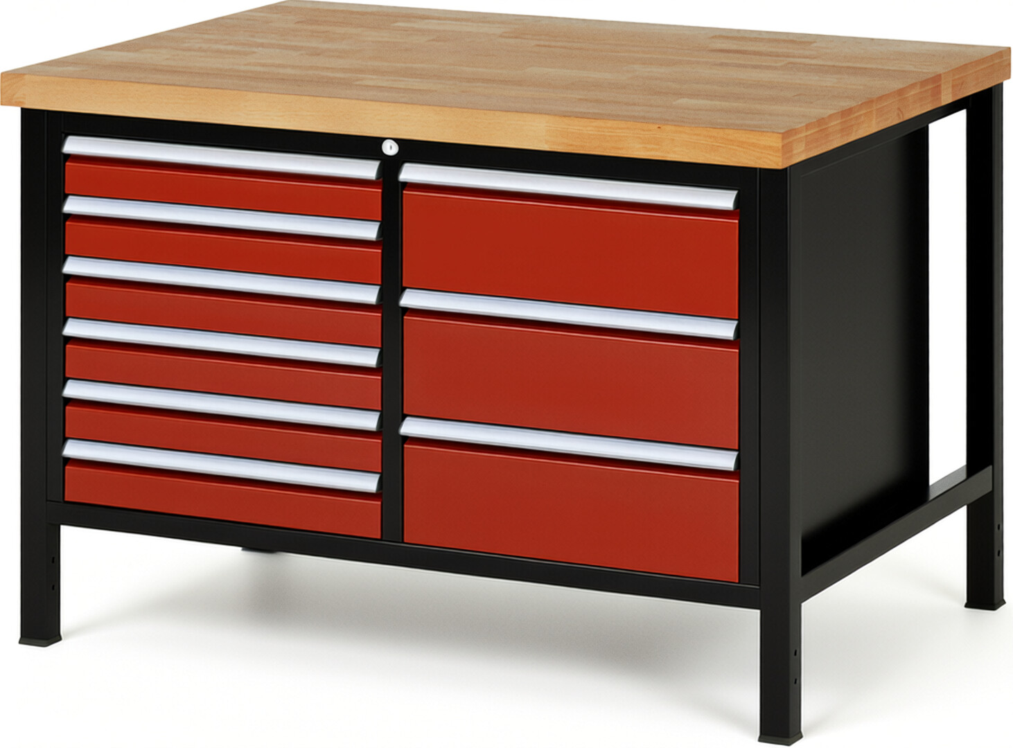 RAU Werkbank schwarz - rot - Breite 125 cm - Tiefe 90 cm - Höhe 104 cm - Buche-Massiv Arbeitsplatte 40 mm