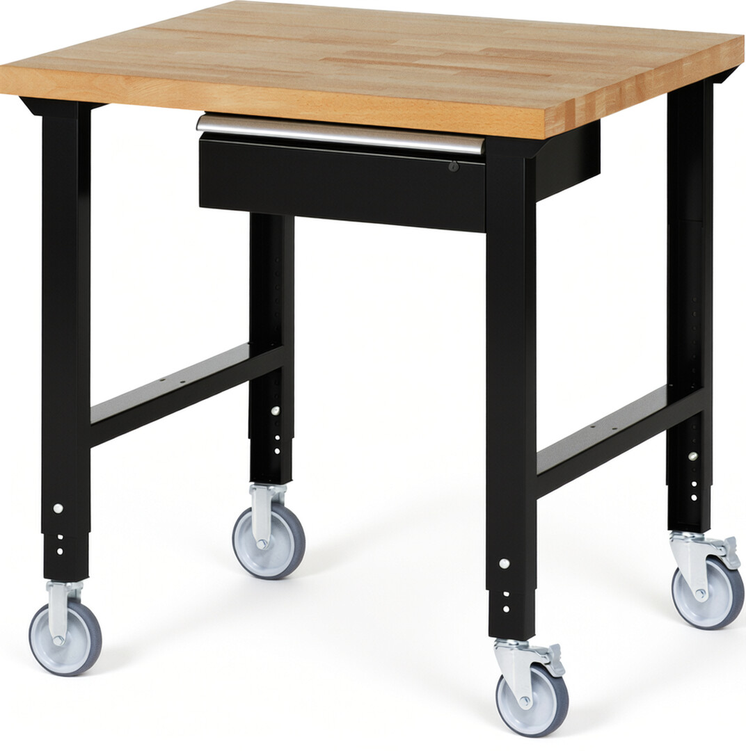 RAU Werkbank schwarz - Breite 100 cm - Tiefe 90 cm - Höhe 100 cm - Buche-Massiv Arbeitsplatte 40 mm