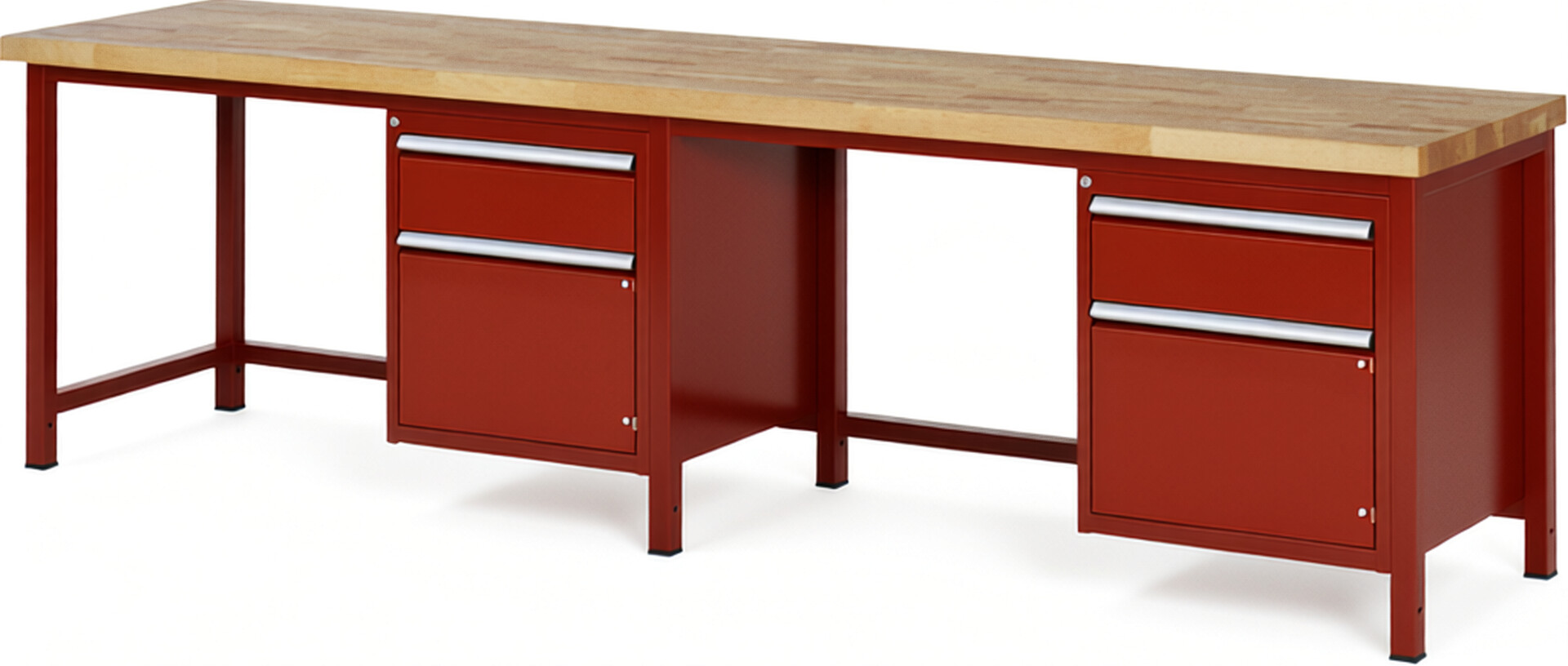 Werkbank Modell 8152 rot, BxTxH 3000x700x840-1040 mm,  Buche-Massiv Arbeitsplatte 40 mm,  2 Schubladen mit  Auszug 90 %