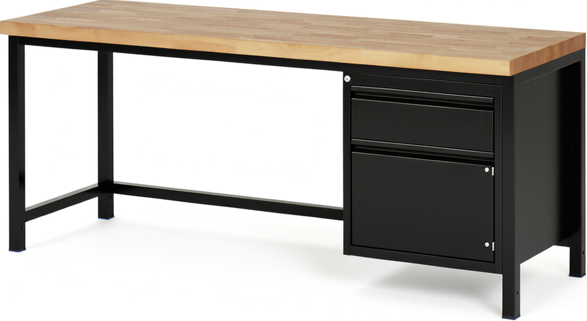 Werkbank schwarz, BxTxH 2000x700x840-1040 mm, Platte Buche 40 mm, 1 Schublade 180 mm, 1 Tür 360 mm, RAL 9011/9011