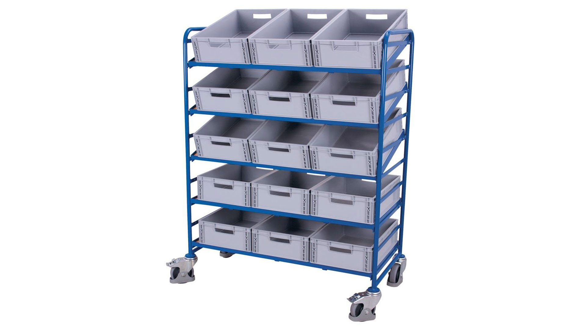 Eurokastenwagen mit 15 Kunststoff-Kästen - 5 Etagen - Ladefläche 1.240 x 610 mm - Traglast 250 kg - enzianblau
