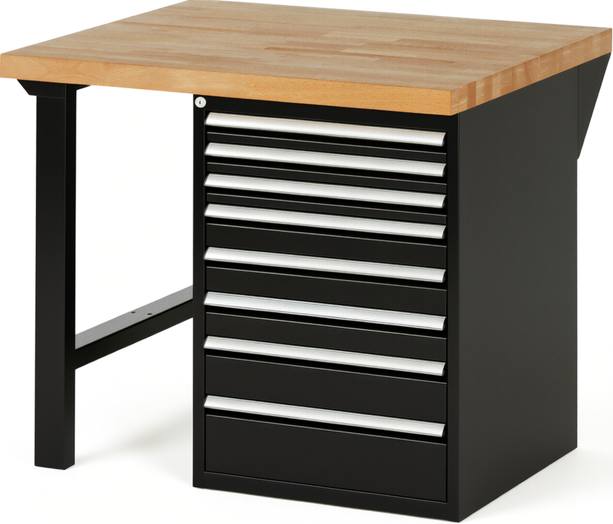 Werkbank Modell 7519 schwarz, BxTxH 1000x900x840 mm,  Buche-Massiv Arbeitsplatte 40 mm,  8 Schubladen mit  Auszug 90 %
