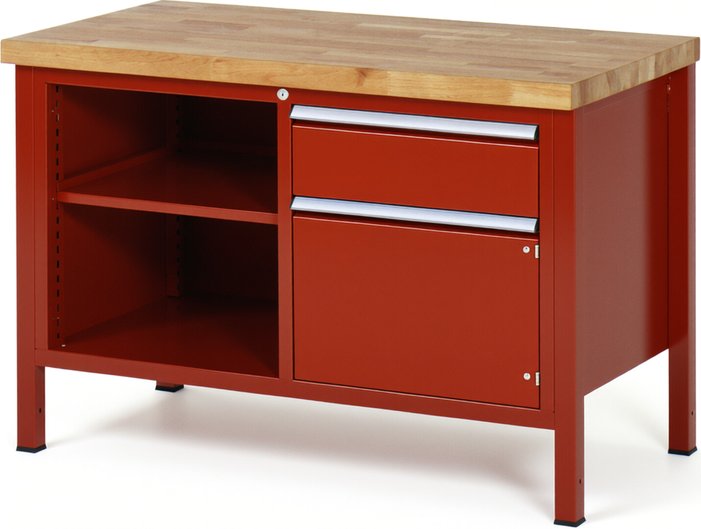 Werkbank Modell 8461 rot, BxTxH 1250x700x840 mm,  Buche-Massiv Arbeitsplatte 40 mm,  1 Schublade mit  Auszug 90 %