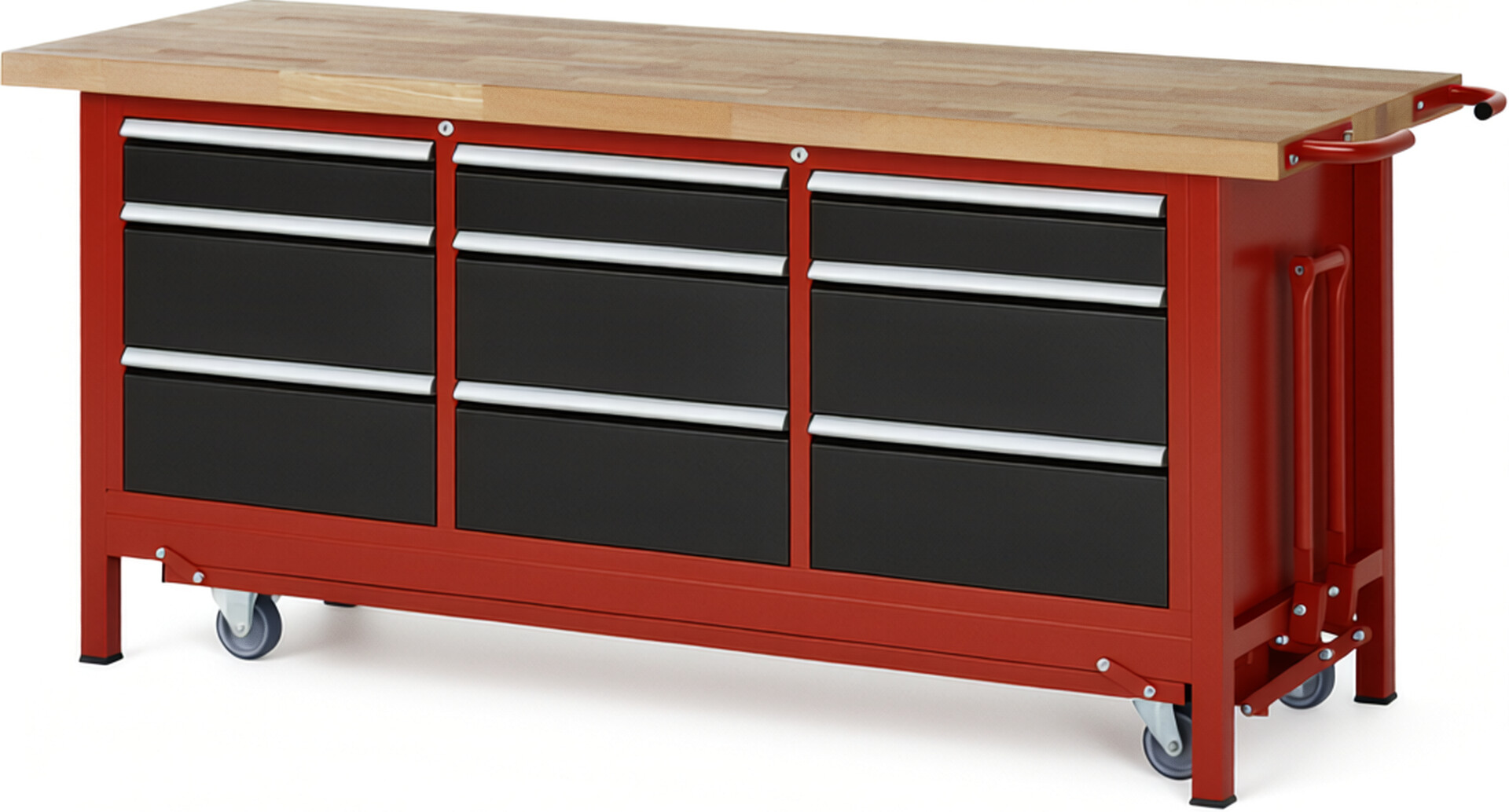 Absenkbare Werkbank Modell 8573 rot - schwarz, BxTxH 2000x700x880 mm,  Buche-Massiv Arbeitsplatte 40 mm,  9 Schubladen mit  Vollauszug 100 % und  SoftClosing