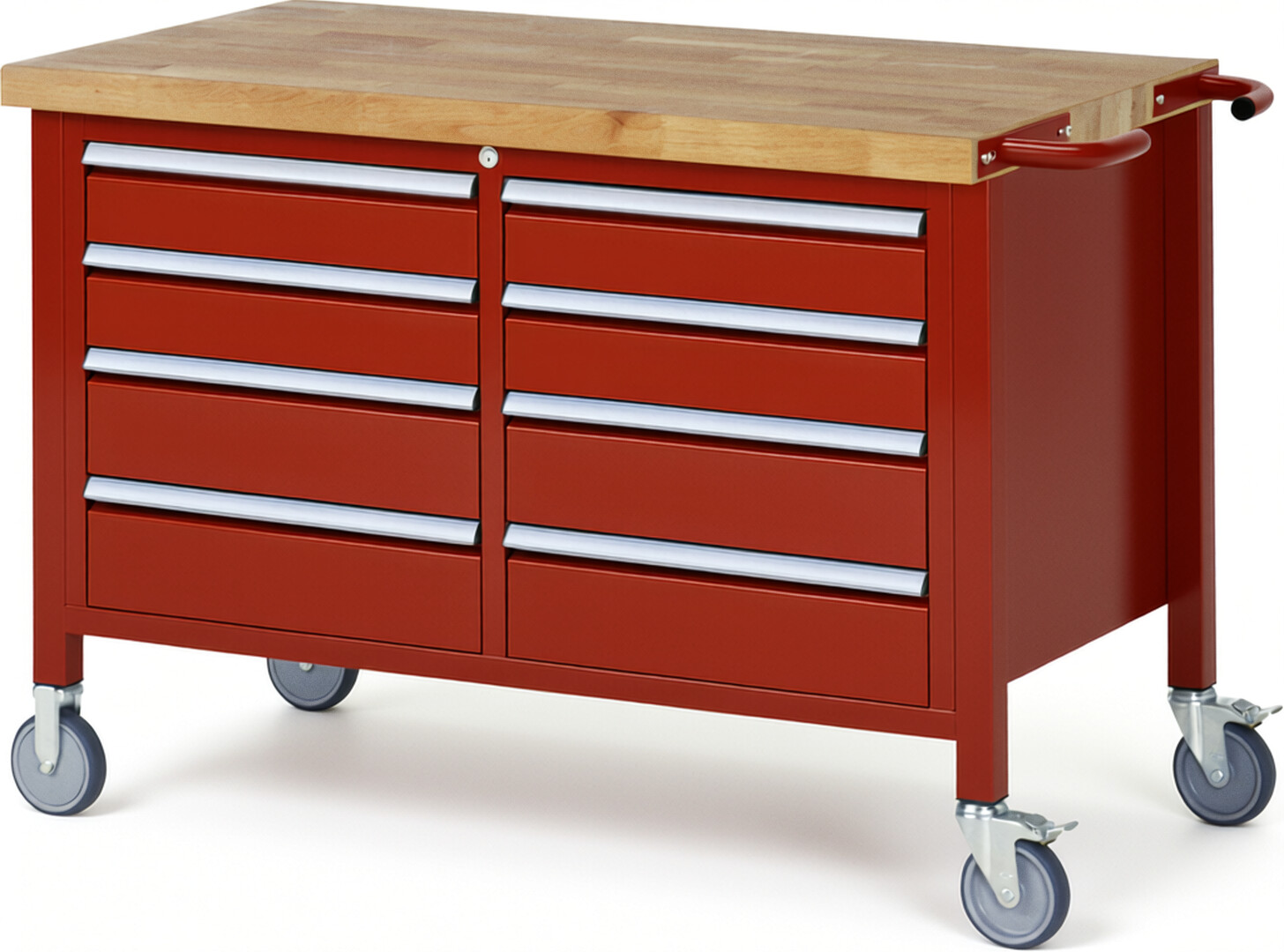 Fahrbare Werkbank Modell 8477 rot, BxTxH 1250x700x880 mm,  Buche-Massiv Arbeitsplatte 40 mm,  8 Schubladen mit  Vollauszug 100 % und  SoftClosing