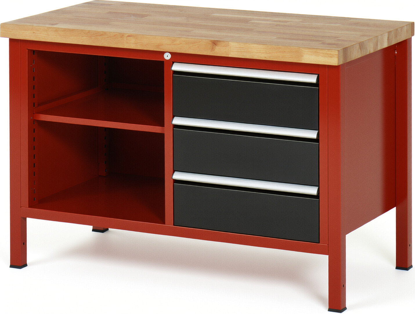 Werkbank Modell 8462 rot - schwarz, BxTxH 1250x700x840 mm,  Buche-Massiv Arbeitsplatte 40 mm,  3 Schubladen mit  Auszug 90 %