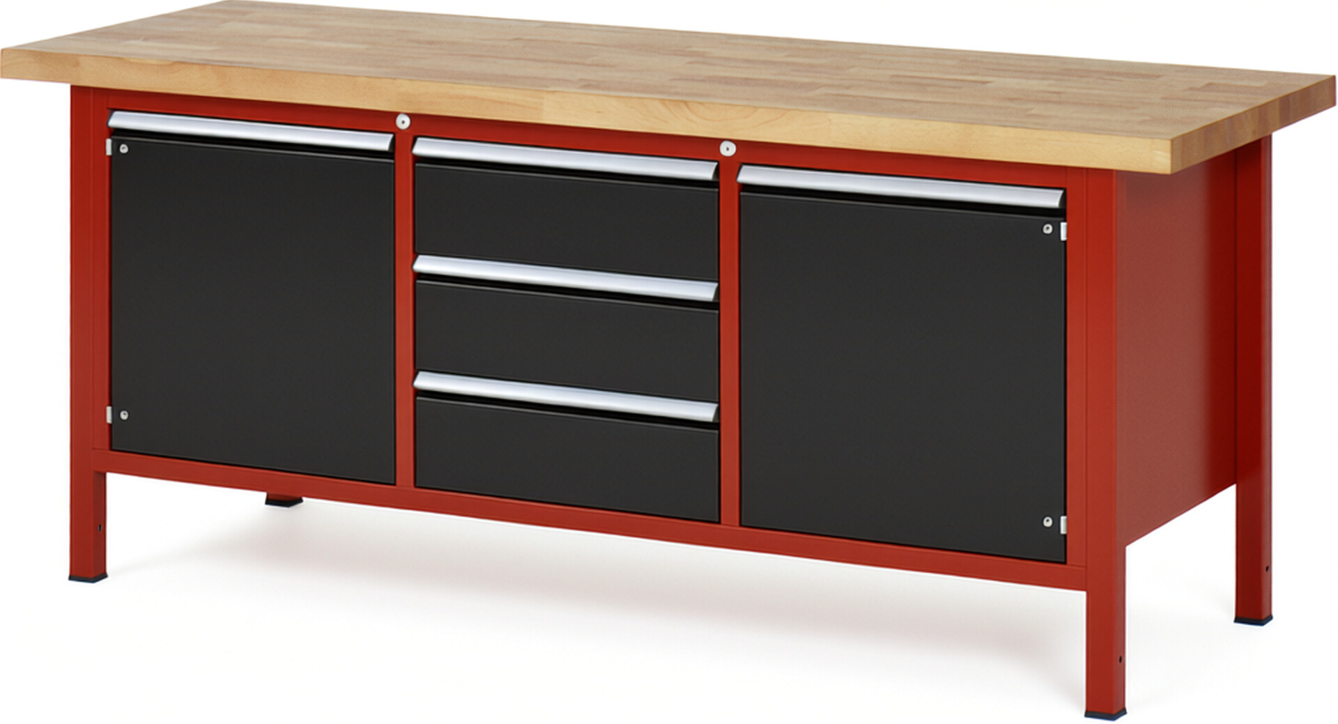 Werkbank Modell 8569 rot - schwarz, BxTxH 2000x700x840-1040 mm,  Buche-Massiv Arbeitsplatte 40 mm,  3 Schubladen mit  Auszug 90 %