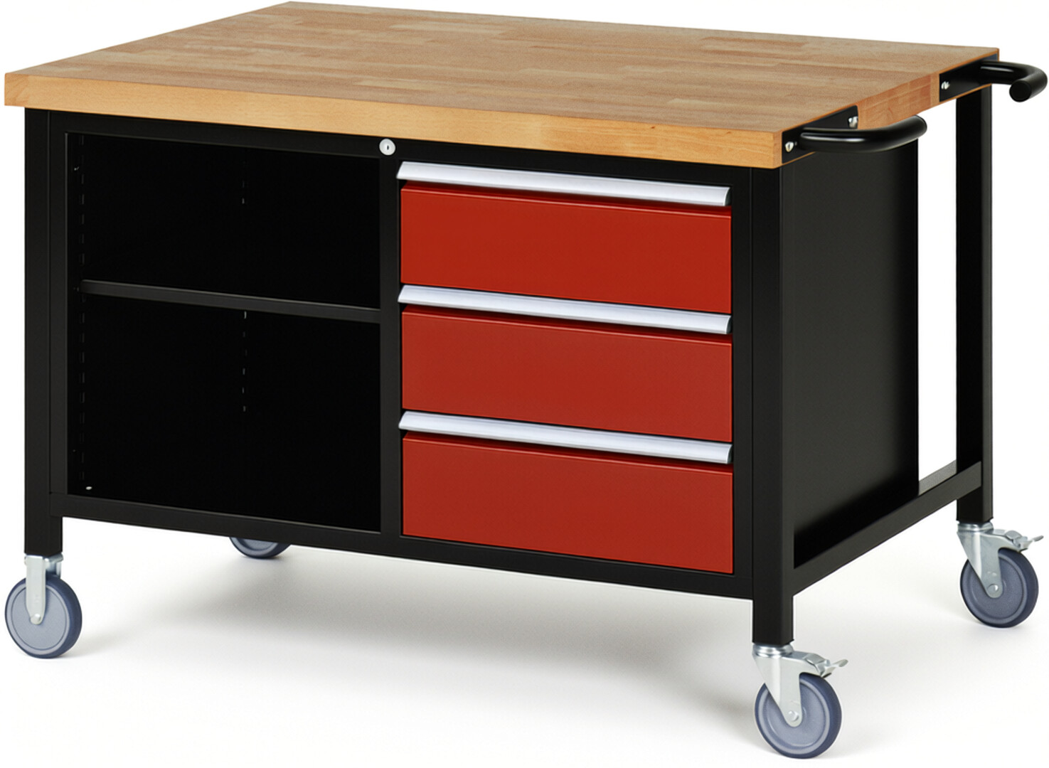 Fahrbare Werkbank Modell 8462 schwarz-rot, BxTxH 1250x900x880-1080 mm,  Buche-Massiv Arbeitsplatte 40 mm,  3 Schubladen mit  Auszug 90 %
