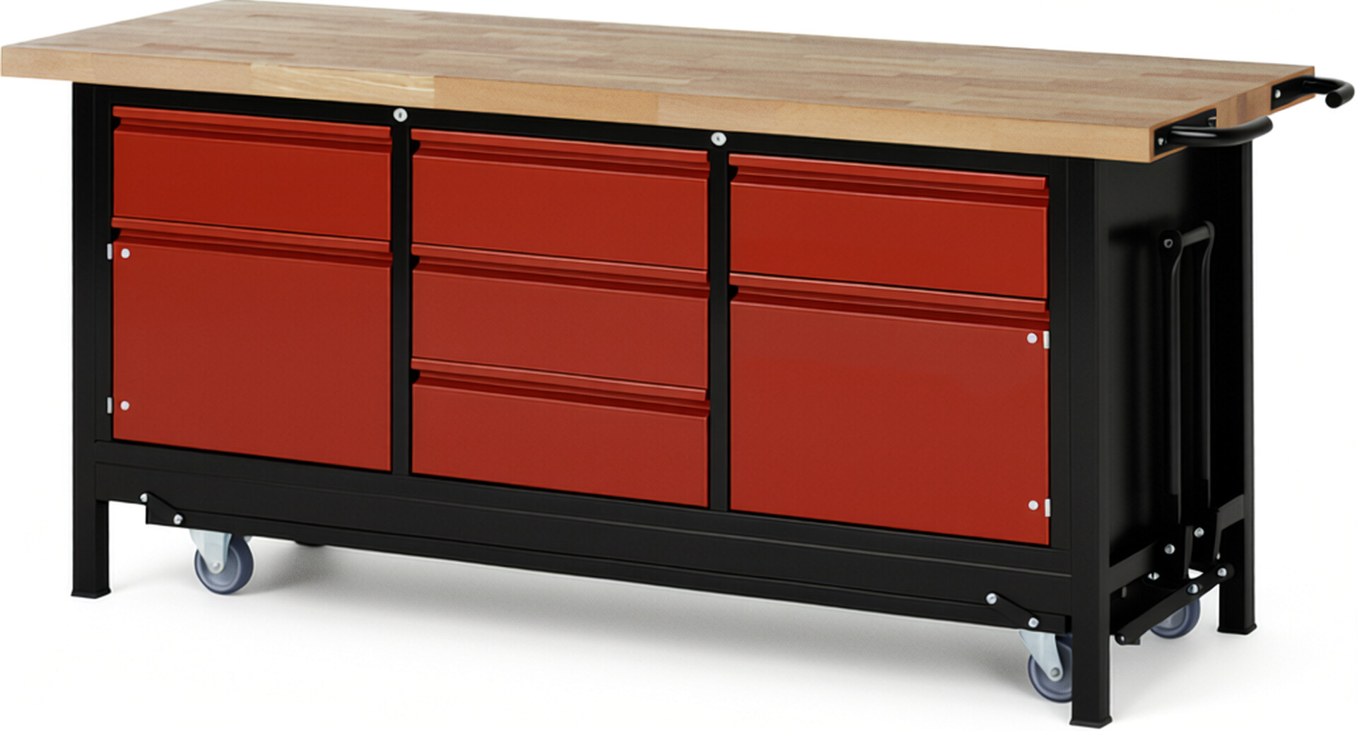 RAU Werkbank schwarz - rot - Breite 200 cm - Tiefe 70 cm - Höhe 88 cm - Buche-Massiv Arbeitsplatte 40 mm