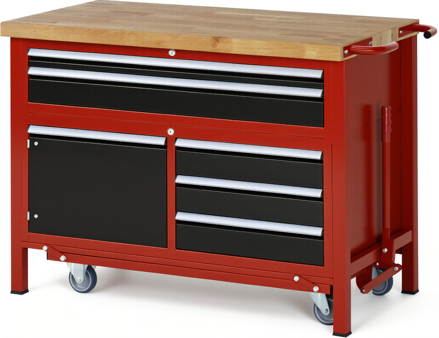 Absenkbare Werkbank Modell 8922 rot - schwarz, BxTxH 1250x700x920 mm,  Buche-Massiv Arbeitsplatte 40 mm,  5 Schubladen mit  Vollauszug 100 % und  SoftClosing